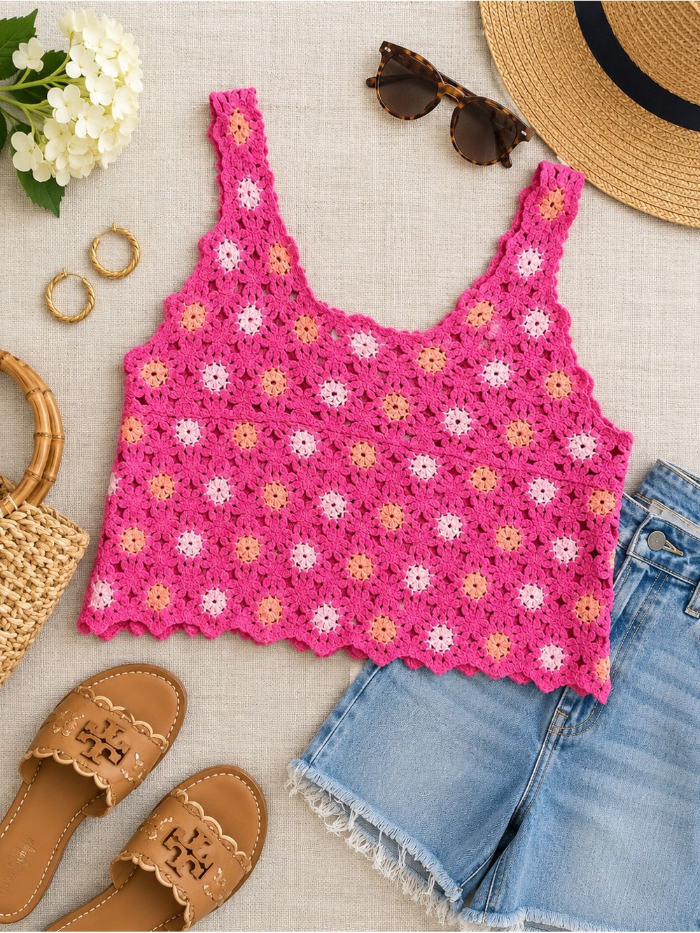New In Crochet Floral Pink Cropped Tank Top S/M Boho Festival Beach Summer
